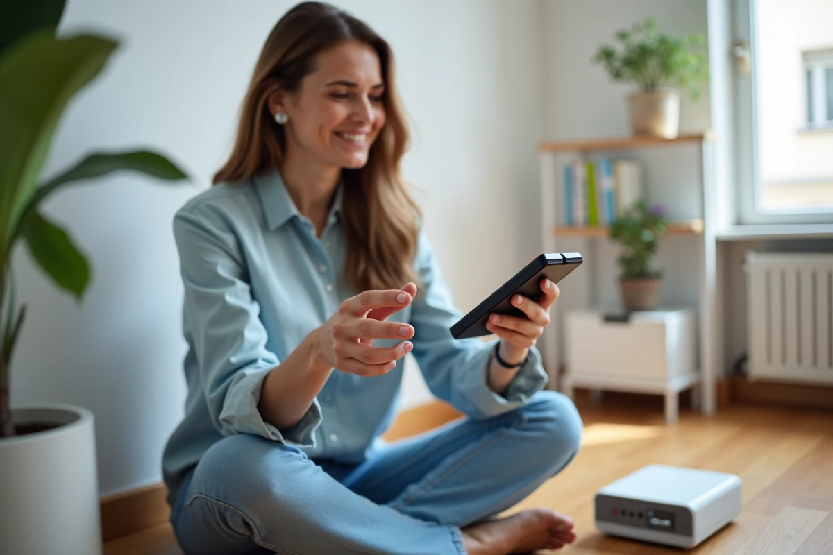 Femme tenant une télécommande Free qui ne fonctionne pas devant sa Freebox Revolution