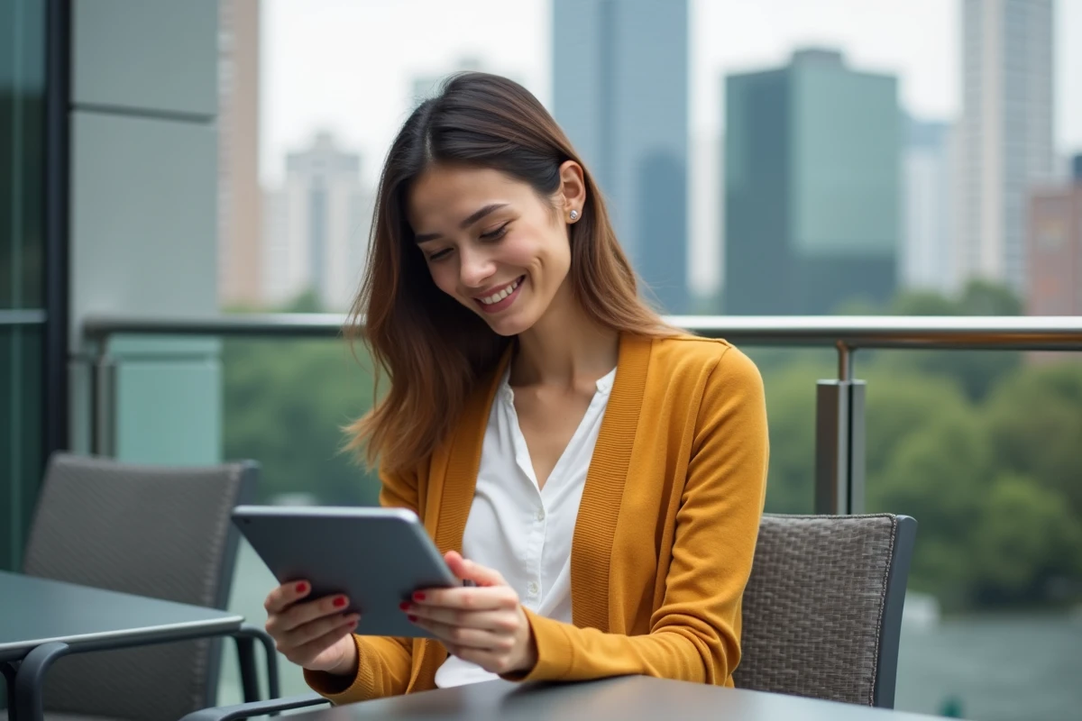 Femme souriante regardant sa tablette sur une terrasse urbaine
