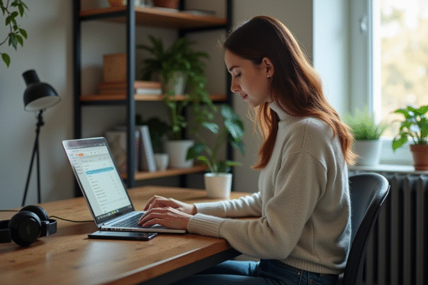 Jeune femme concentrée utilisant un ordinateur portable dans un bureau à domicile
