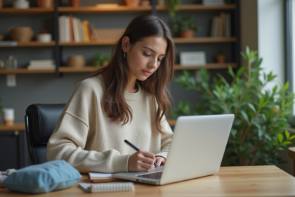 Jeune femme concentrée travaillant sur son ordinateur dans un bureau