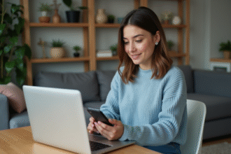 Jeune femme travaillant sur son ordinateur à la maison