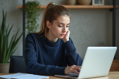Femme concentrée saisissant un mot de passe sur son ordinateur