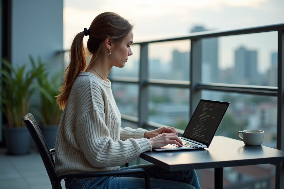 Jeune femme travaillant sur un ordinateur en terrasse urbaine