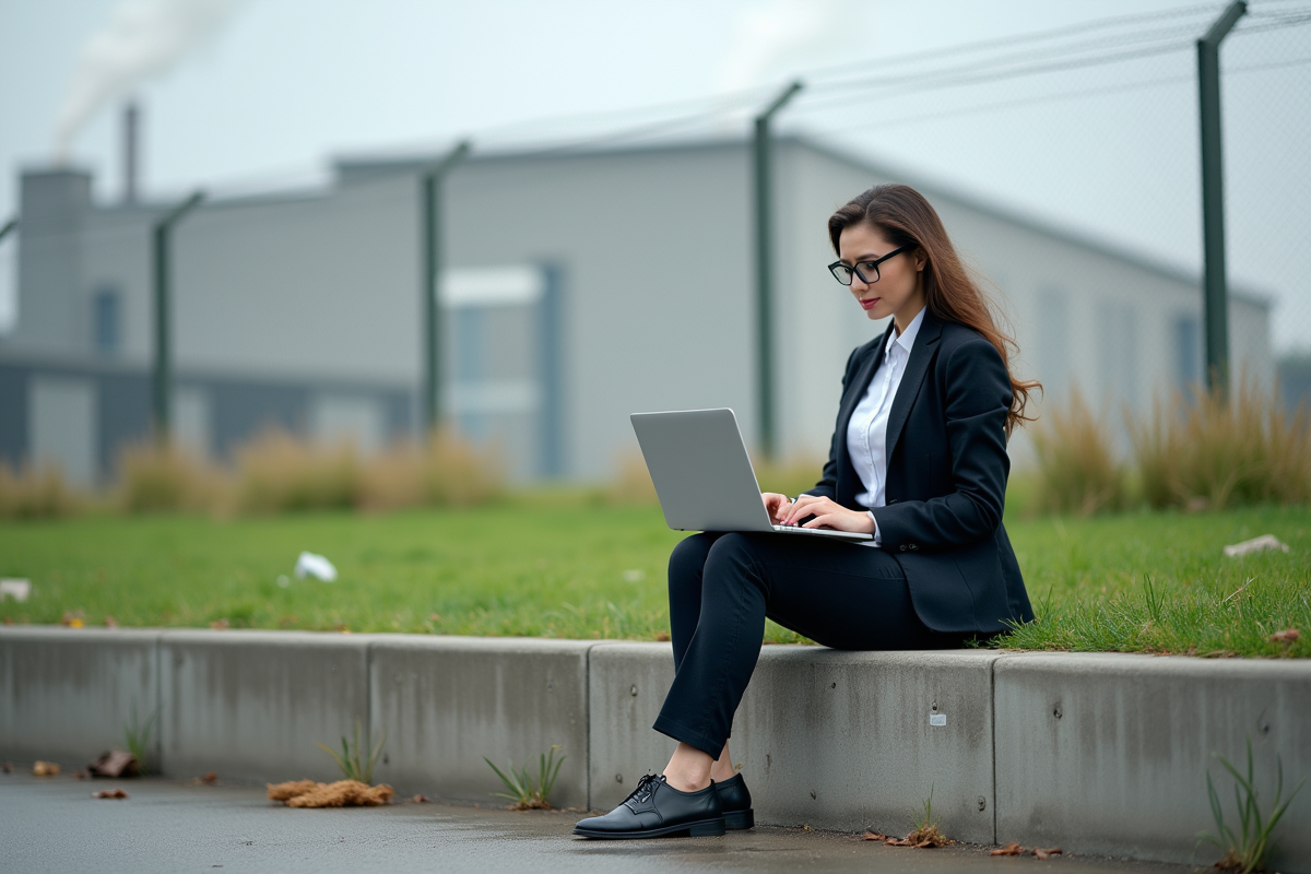 Femme assise dehors avec un ordinateur portable