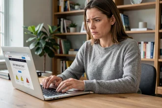 Femme méfiante examinant un site web suspect sur son ordinateur portable pour éviter les arnaques de téléchargement