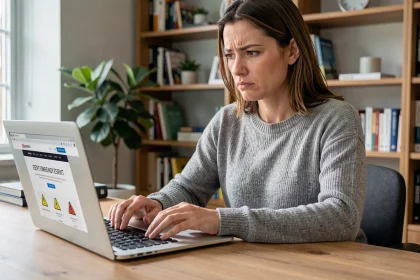 Femme méfiante examinant un site web suspect sur son ordinateur portable pour éviter les arnaques de téléchargement