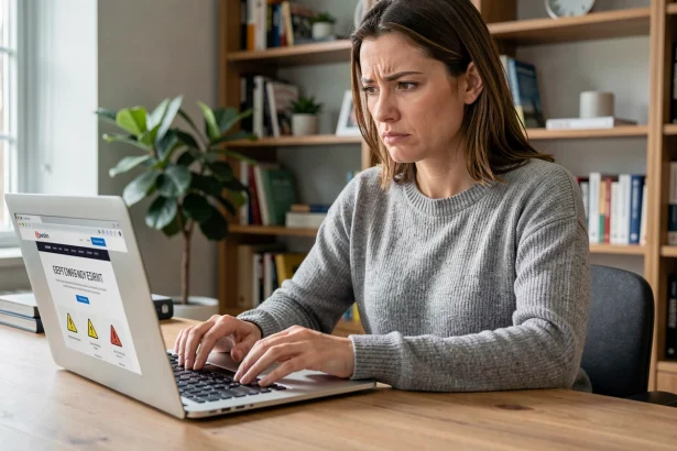 Femme méfiante examinant un site web suspect sur son ordinateur portable pour éviter les arnaques de téléchargement