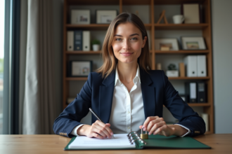Femme en bureau verrouillant un dossier avec un cadenas