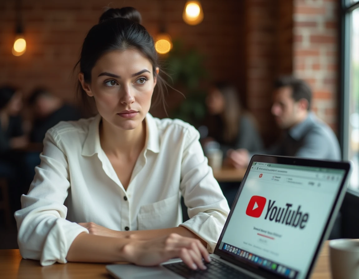 Femme vérifiant la fiabilité d'un site de conversion YouTube en café urbain