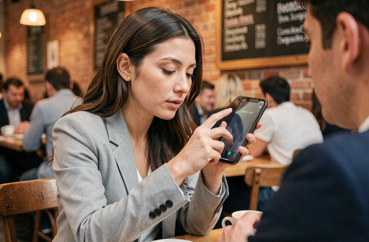 Femme dans un café public protégeant l'écran de son smartphone des regards indiscrets grâce à un film anti-espion