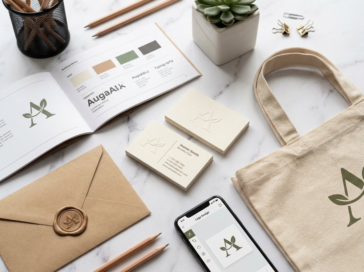 Flat-lay d'éléments d'identité de marque pour PME incluant cartes de visite, charte graphique et supports de communication