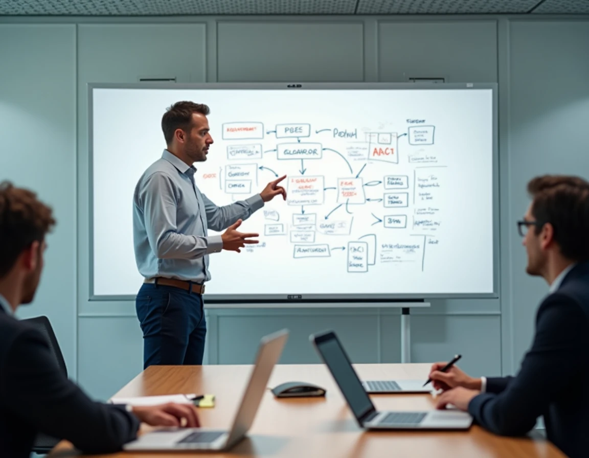 Formateur en décisionnel informatique expliquant des diagrammes de flux de données devant un tableau blanc en salle de formation