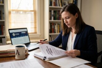 Freelance femme consultant examinant des documents administratifs officiels à son bureau à domicile pour ses démarches auprès de l'INPI