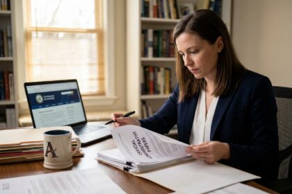 Freelance femme consultant examinant des documents administratifs officiels à son bureau à domicile pour ses démarches auprès de l'INPI