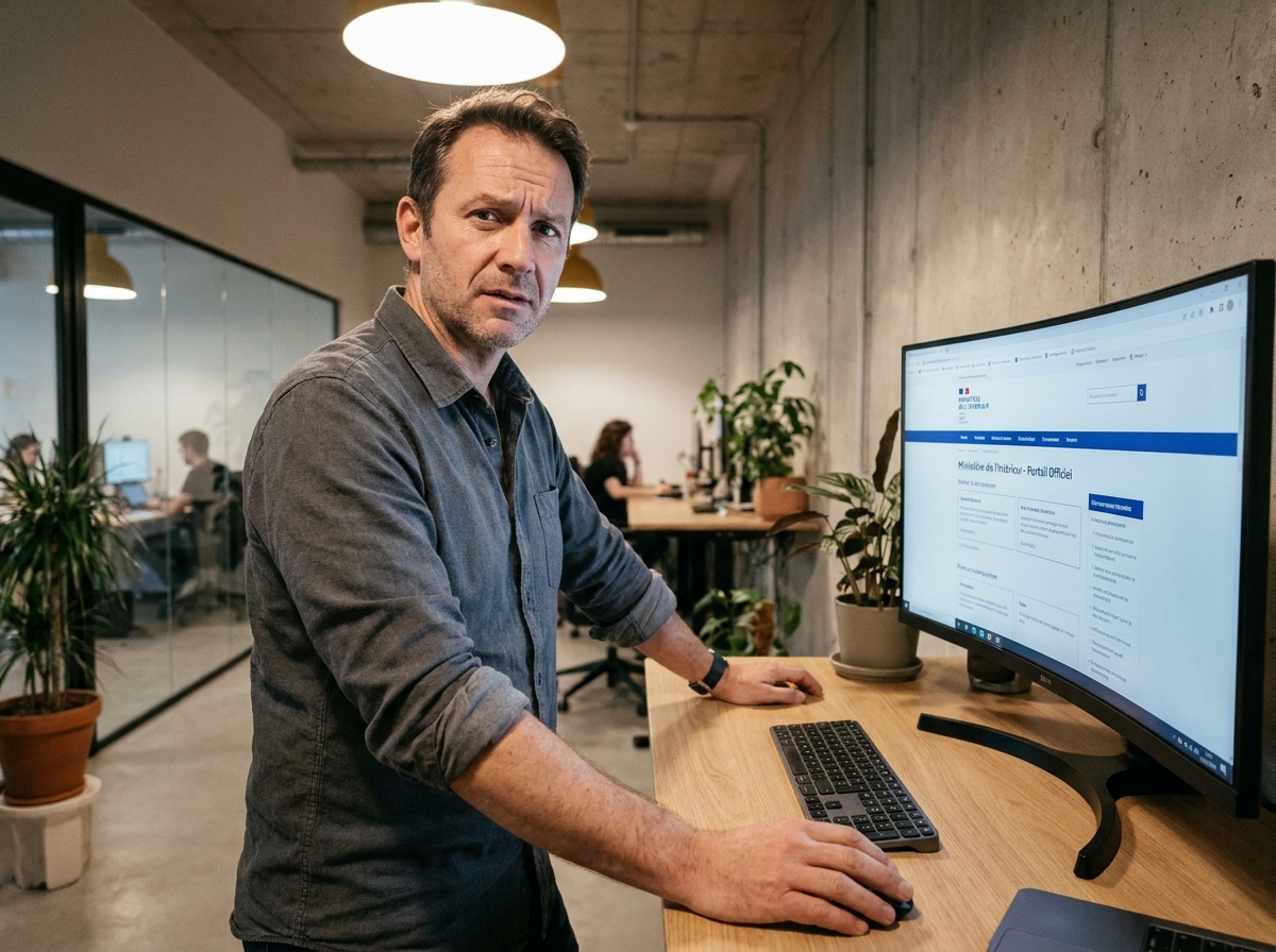Freelance homme utilisant un portail administratif en ligne dans un espace de co-working pour ses démarches d'enregistrement à l'INPI