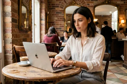 Freelance travaillant sur un MacBook Air M2 dans un café parisien en 2026