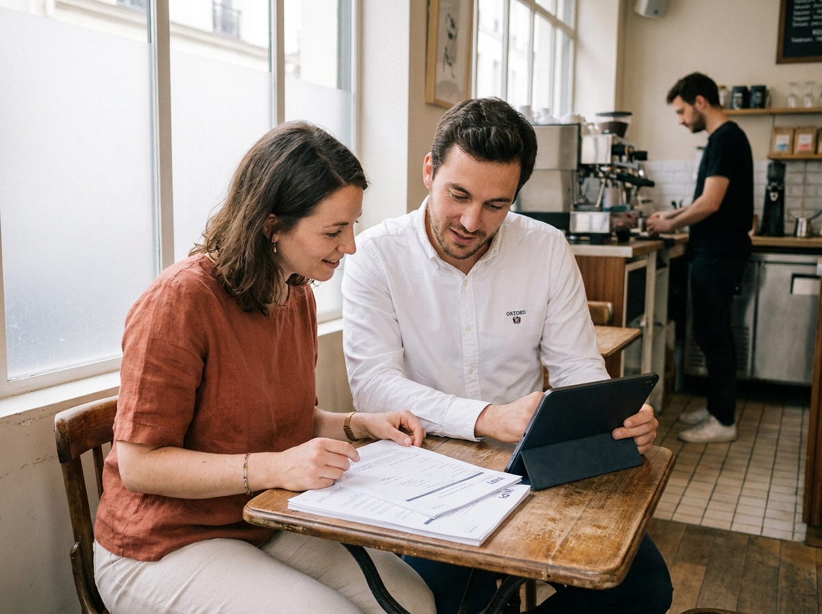 Deux freelances discutant des formalités d'enregistrement à l'INPI autour de documents officiels dans un café parisien