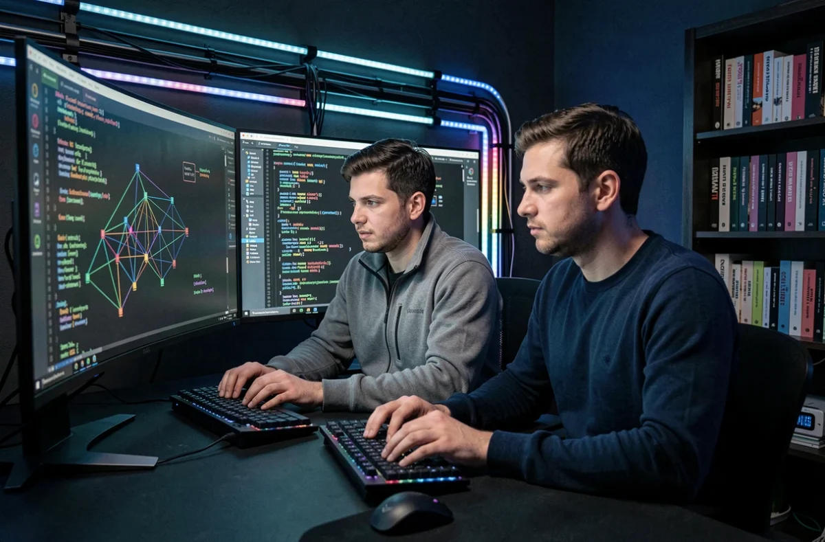 Deux ingénieurs développant une solution d'intelligence artificielle sur mesure dans un studio technique pour l'agence Galadrim
