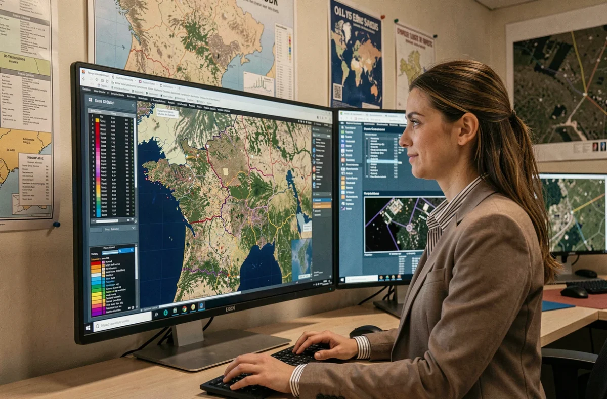 Analyste SIG explorant des données géographiques territoriales sur un écran cartographique, illustrant les systèmes d'information de Geofit