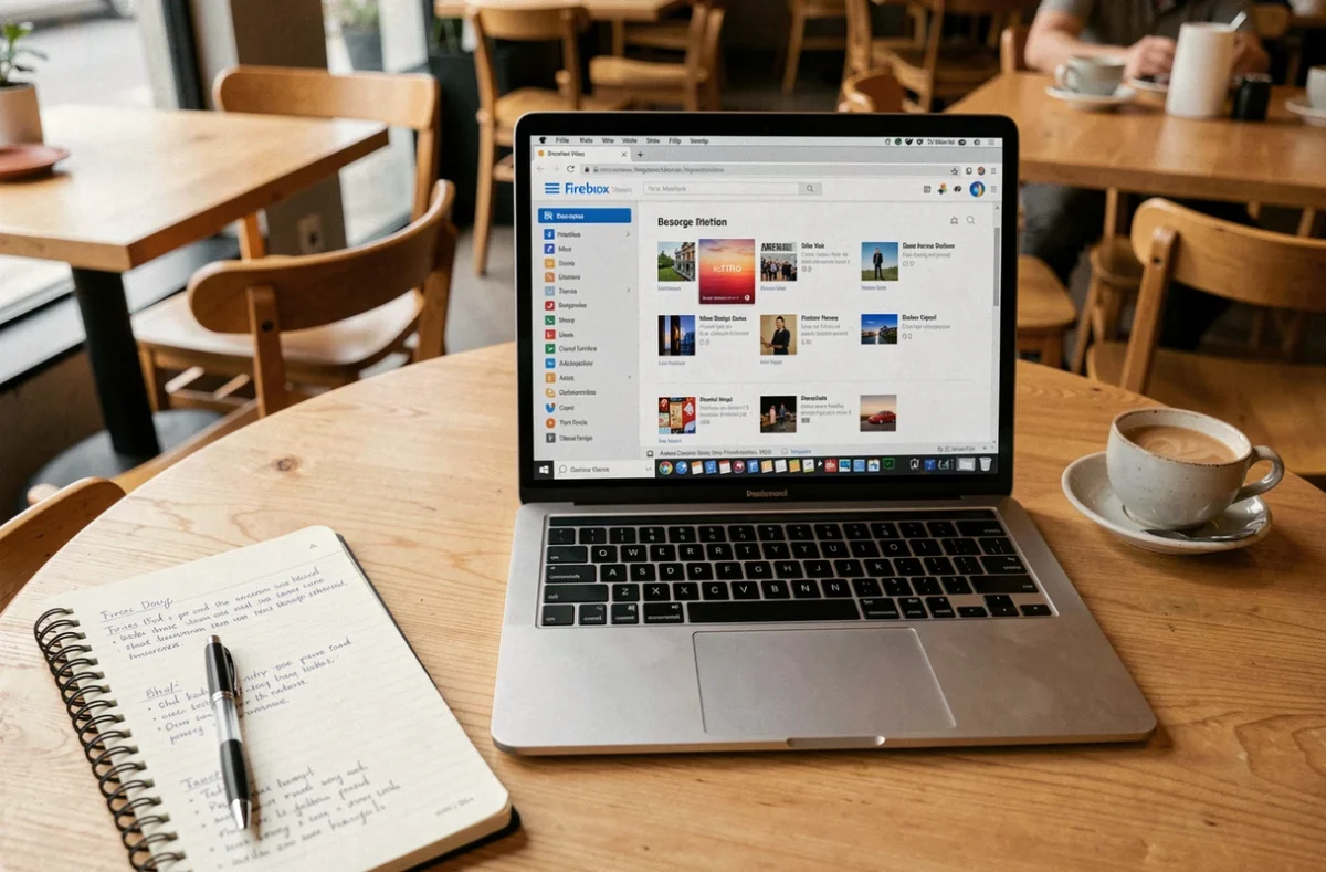 Ordinateur portable affichant le gestionnaire de marques-pages Firefox avec un carnet de notes sur une table en bois