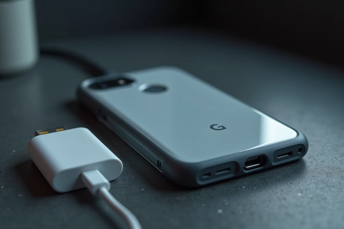 Google Pixel 6 dans un étui transparent branché sur un chargeur USB-C blanc posé sur un comptoir en béton gris