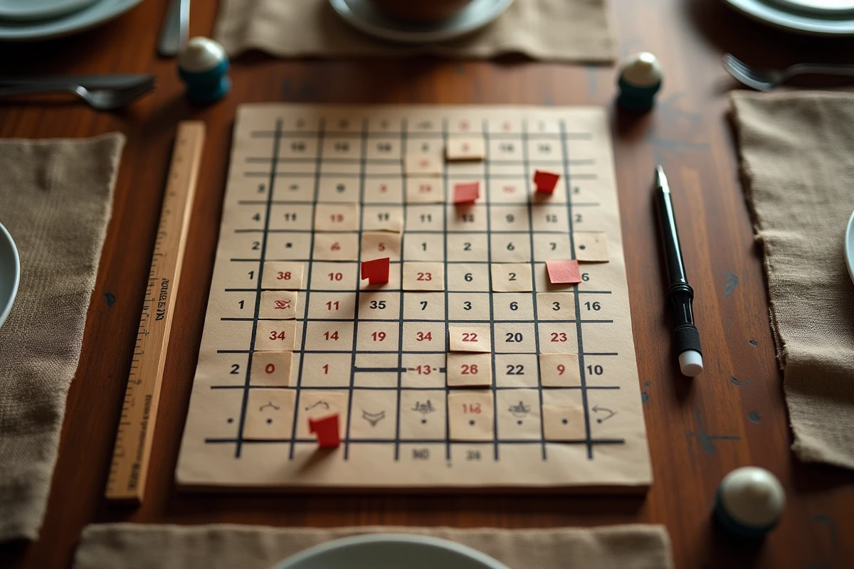 Vue aérienne d'une grille de Démineur artisanale posée sur une table en bois avec des marqueurs de mines en papier rouge