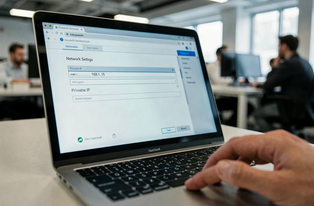 Gros plan sur un écran d'ordinateur affichant une erreur d'adresse IP privée dans un bureau professionnel