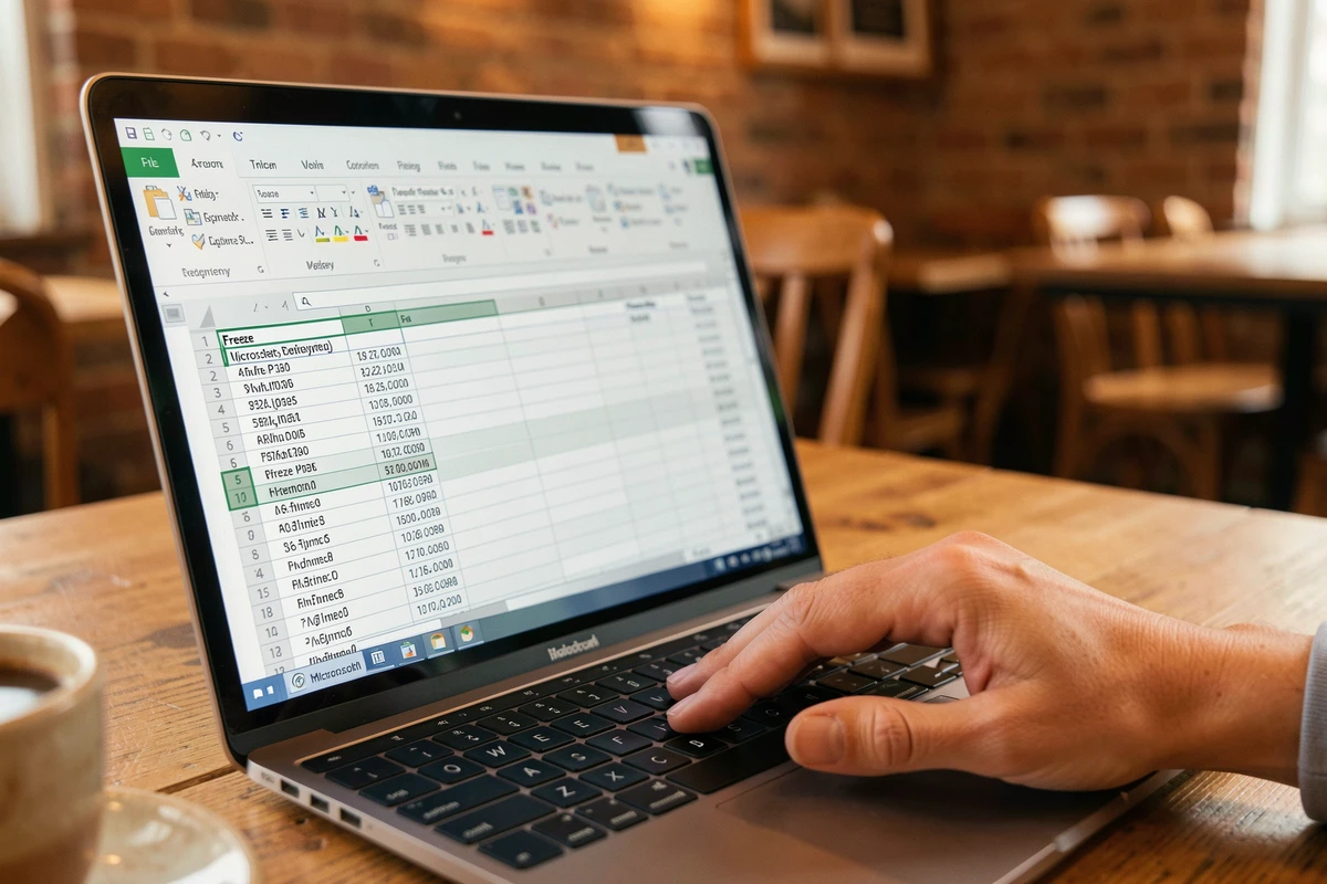 Gros plan sur un écran Excel avec la fonctionnalité Figer les volets activée dans un café