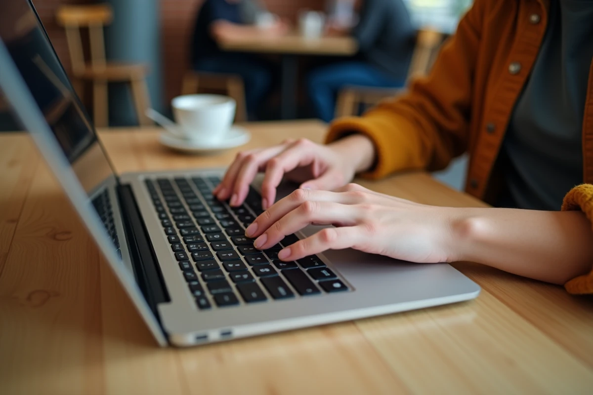 Gros plan de mains sur un clavier d'ordinateur portable dans un café, illustrant l'utilisation d'un raccourci clavier de productivité