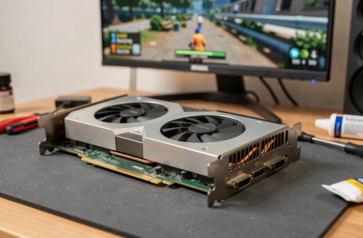Gros plan sur une carte graphique RTX 5070 posée sur un établi avec un moniteur 1440p en arrière-plan
