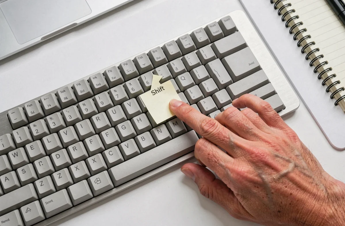 Gros plan en vue de dessus d'un clavier mécanique avec la touche Shift mise en évidence par une note autocollante sur un bureau blanc