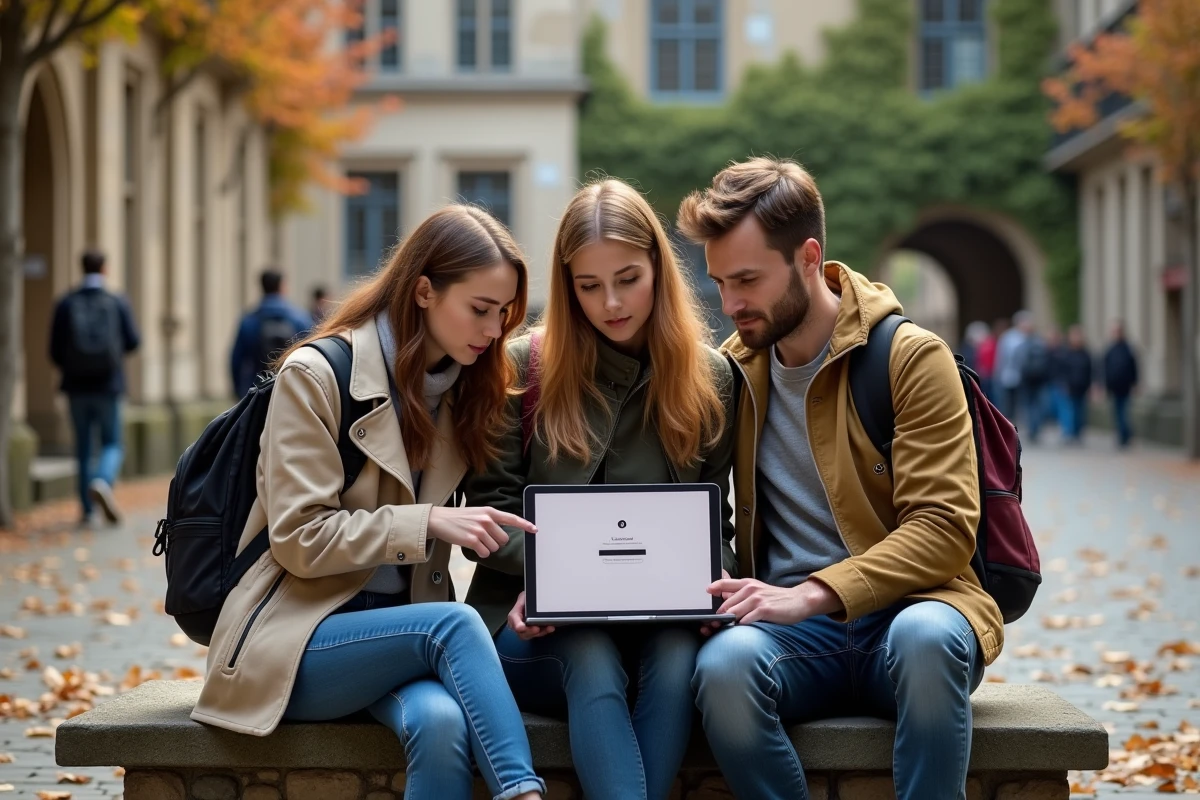 Groupe d'étudiants se connectant ensemble au webmail Mel Rennes devant un bâtiment universitaire en rentrée