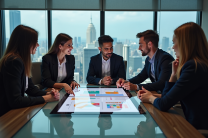 Groupe de jeunes professionnels discutant autour d'une tablette