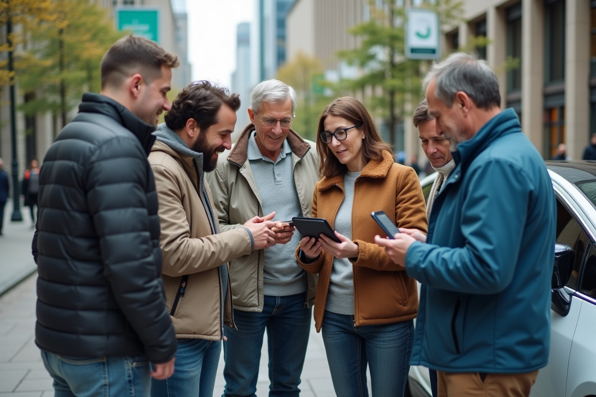 Groupe de personnes observant un véhicule électrique autonome en ville