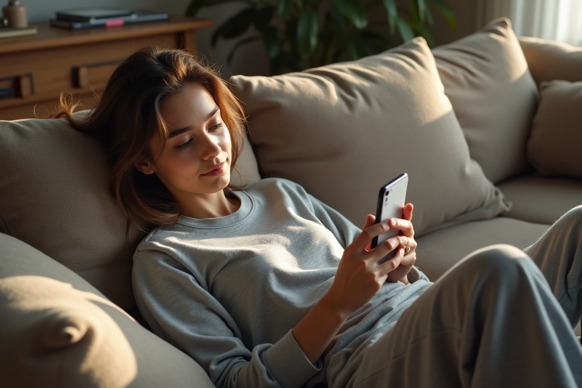 Jeune femme consultant l'historique d'achat Valorant sur mobile depuis son canapé