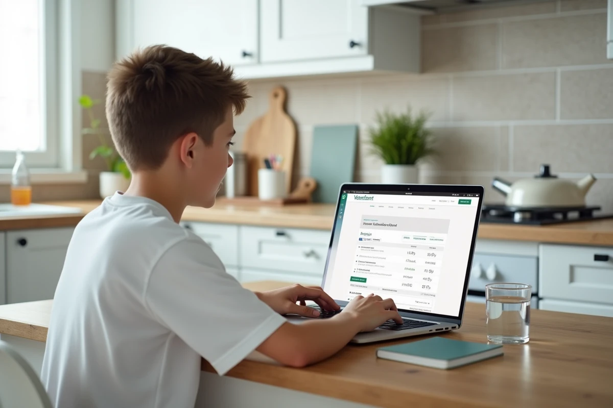 Adolescent vérifiant l'historique d'achat Valorant sur ordinateur portable dans une cuisine moderne