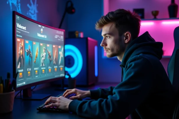 Joueur consultant l'historique d'achat Valorant sur PC dans une salle de gaming avec écran coloré