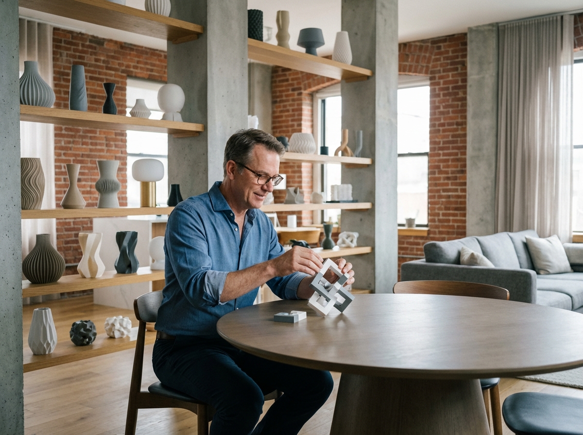 Homme assemble une decoration 3D dans un appartement moderne