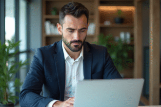 Homme d'affaires concentré devant son ordinateur dans un bureau moderne