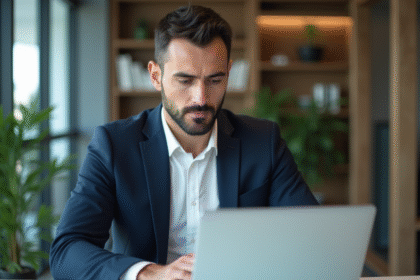 Homme d'affaires concentré devant son ordinateur dans un bureau moderne