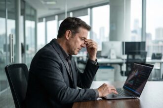 Homme d'affaires pensif regardant un tableau de bord
