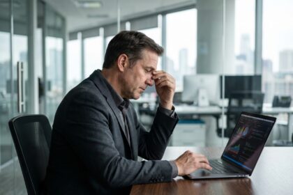 Homme d'affaires pensif regardant un tableau de bord