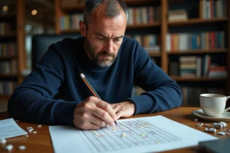 Homme adulte analysant une grille de Démineur imprimée sur papier avec un crayon dans un bureau à domicile