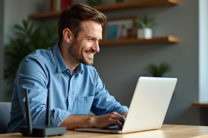 Homme d'âge moyen travaillant sur son ordinateur dans un salon