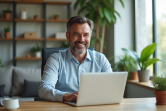 Homme d'âge moyen au bureau moderne dans un salon lumineux