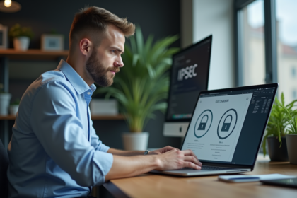 Homme au bureau travaillant sur un ordinateur avec diagrammes IPsec et SSL