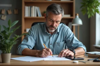 Homme d'âge moyen mesurant un document avec une règle dans un bureau