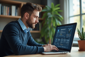 Jeune homme au bureau avec ordinateur et dashboard de securite