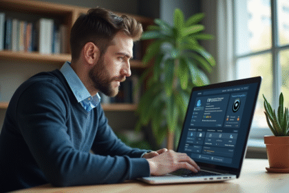 Jeune homme au bureau avec ordinateur et dashboard de securite