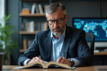 Homme d affaires lisant un livre sur la cybersécurité